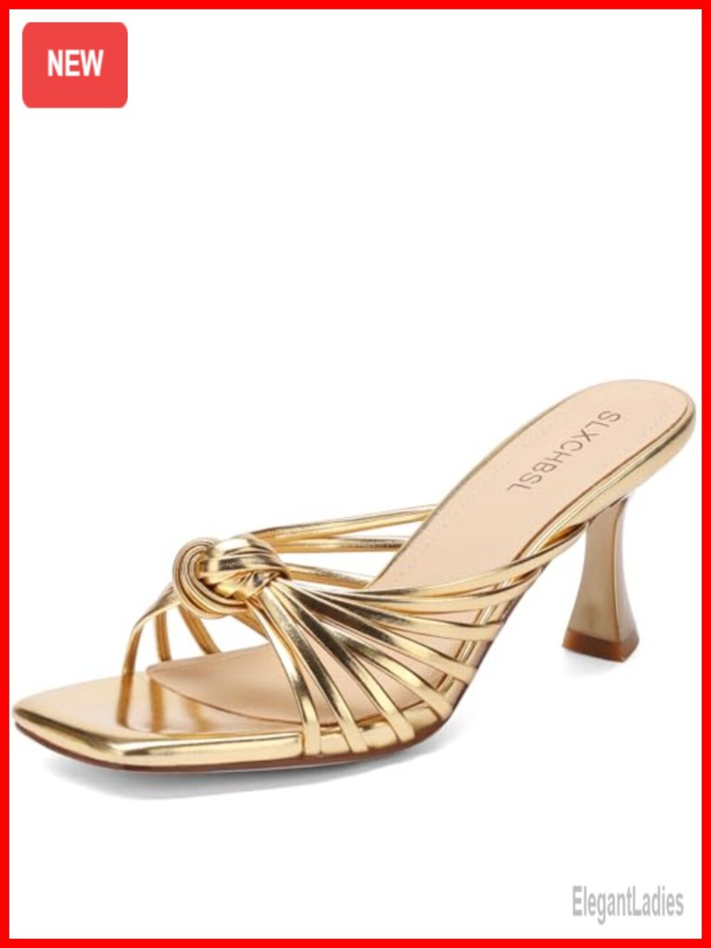 Kitten Heel Sandals Square Toe Knotted Slip On Faux Leather Women's